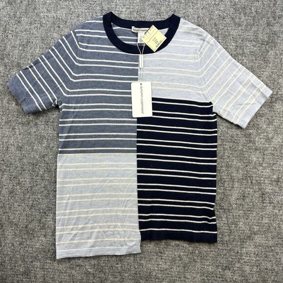 Autumn Cashmere Sweater Women XS Blue Stripe Patchwork Assymetrical Tee - Picture 1 of 13